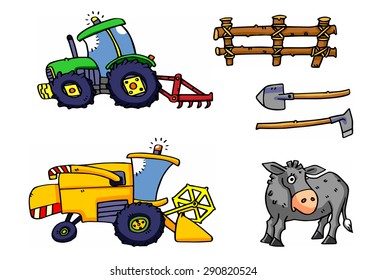 Illustration of styling tools for farm tractor with harrow, harvester, shovel and hoe, palisade, ass.
Hand-drawn cartoon style