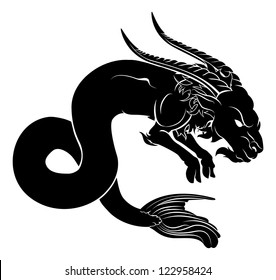 An illustration of a stylised black sea goat perhaps a sea goat tattoo