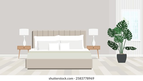 Illustration stylish contemporary bedroom interior with houseplant and comfortable bed