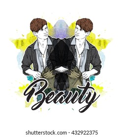 Illustration of a stylish dude on a background with ornament. Vector collection.
