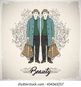 Illustration of a stylish dude on a background with ornament. Vector collection.