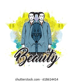 Illustration of a stylish dude on a background with ornament. Vector collection.