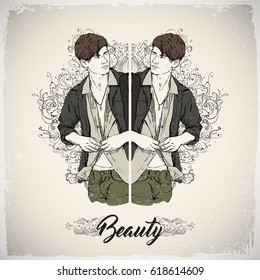 Illustration of a stylish dude on a background with ornament. Vector collection.