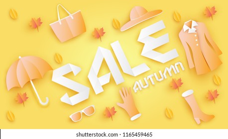 Illustration of stylish fashion set of woman's on autumn and Sale banner calligraphy design. Autumn sale background for women. paper cut and craft style. vector, illustration.