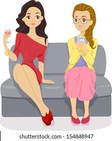 Illustration of a Stylish Girl in Red Sitting Beside a Nerdy Girl in a Party