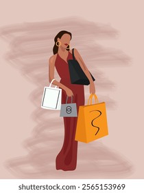 Illustration of stylish girl with shopping on pale pink background.