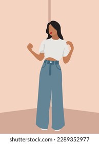 Illustration of a stylish girl in a white sweater and jeans on a pink background