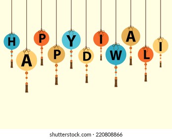 Illustration of stylish hanging design in text of happy diwali on white background.