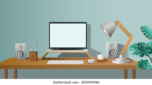Illustration of stylish home office with blank screen laptop, wood table with stationery.