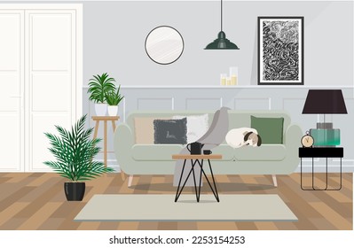 Illustration stylish interior design of living room with mint sofa, coffee table, plant, pillows, plaid, in home decor.