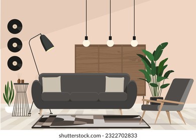 Illustration of a Stylish living room interior with comfortable dark sofa