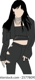 Illustration of a stylish person wearing trendy black clothing,showcasing contemporary fashion trends and strong personality