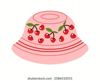 Illustration of a stylish pink bucket hat adorned with cherry prints and delicate red stripes, adding a sweet and fruity touch to summer outfits.