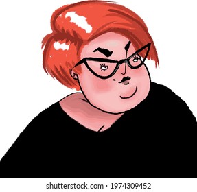 illustration of stylish plump young woman in glasses with short red hair isolated on white