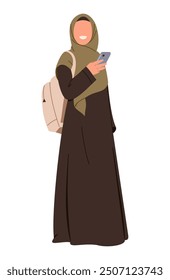 Illustration of stylish smiling islamic model in hijab and abaya dress. Fashion arabic young muslim in hijab goes to school. Illustration of a happy young arab woman. Flat design vector