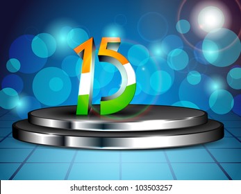 Illustration of stylish text 15 in Indian tricolor  on presentation stage with lights background for Independence Day and other occasions.Vector Illustration. EPS10.