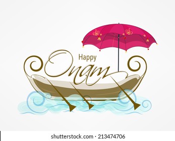 Illustration of stylish text of onam on south indian snake boat and an amberella on white background.