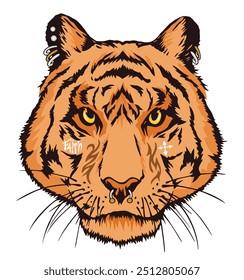 Illustration of a stylish tiger with tattoos and piercings. Art composition with text for prints on t-shirts, posters, etc.	