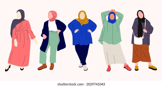 Ilustración de elegante y moderna sobredimensionada mujer hijab de mano. Elegante Chica de Moda sin rostro y tamaño adicional perfecta para plantillas de medios sociales y papel tapiz.