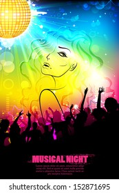illustration of stylish woman on DJ musical background