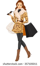 Illustration of a Stylish Woman Wearing a Fur Coat Out Shopping