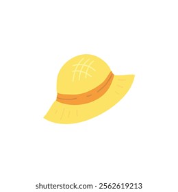 Illustration of a stylish yellow summer hat featuring an orange band, perfect for beach themes, summer designs, and vacation graphics.