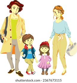 Illustration of a stylish young family of four