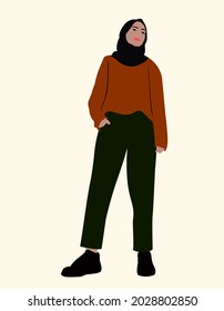 illustration of stylish young muslim woman in full body photo, wearing black hijab, orange sweater, dark green trousers and black shoes