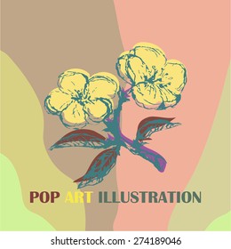Illustration with stylization apple twig on the multicolor background.Set with apple twig