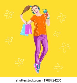 Illustration stylization of a happy girl after shopping on a white isolated background