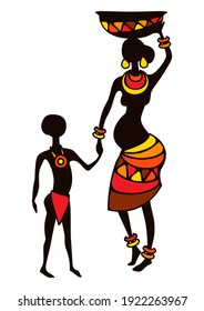 Illustration of stylized African pregnant woman and child. In tribal national clothes.