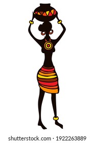 Illustration of stylized African woman. Girl in tribal national clothes holding jug on head.