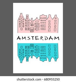 Illustration of stylized Amsterdam. Dutch houses. Postcard.