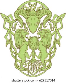 Illustration of stylized bighorn sheep head with two lion supporters climbing on tree with Celtic knot, called Icovellavna, plait work, knotwork woven into unbroken cord design on isolated background.