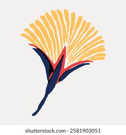 Illustration of a stylized bird of paradise flower with yellow petals and dark blue leaves. Abstract design with vibrant colors and bold shapes. Vintage flower illustration isolated on white, vector.