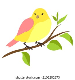 Illustration of stylized bird sitting on branch. Image of birdie in simple style.