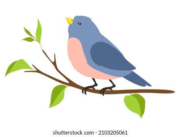 Illustration of stylized bird sitting on branch. Image of birdie in simple style.