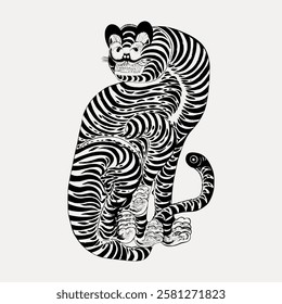 Illustration of a stylized black and white tiger with intricate patterns. The tiger features bold stripes and a whimsical design, creating a unique artistic look. Vintage animal illustration vector.