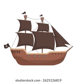 Illustration of a stylized cartoon pirate ship with sails and flag, isolated on a white background