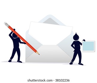 an illustration of a stylized character with an envelope and a pencils