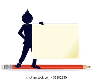 an illustration of a stylized character with a message stick and a pencil