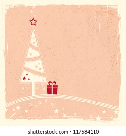 Illustration eines stilisierten Weihnachtsbaumes mit Geschenk auf gewellten Linien mit Sternen auf hellrosa strukturiertem Grunge Hintergrund. Platz für Ihren Text.