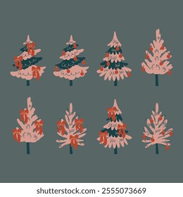 An illustration of stylized Christmas trees in soft pink and green tones, adorned with red bows and ornaments. The minimalist design has a festive vibe, perfect for holiday cards or seasonal artwork.