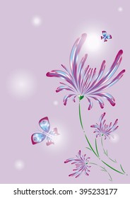 Illustration with stylized chrysanthemums and butterflies. Soft colors, highlights, delicate lilac background.