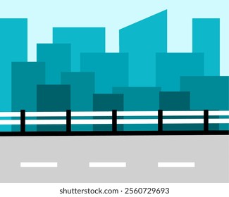 Illustration of stylized city skyline in turquoise shades, featuring a road and fence, creating a contemporary urban feel