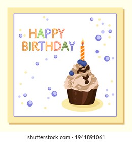 Ilustración con un quequito estilizado con una vela. Tarjeta de felicitación vectorial con texto feliz cumpleaños.