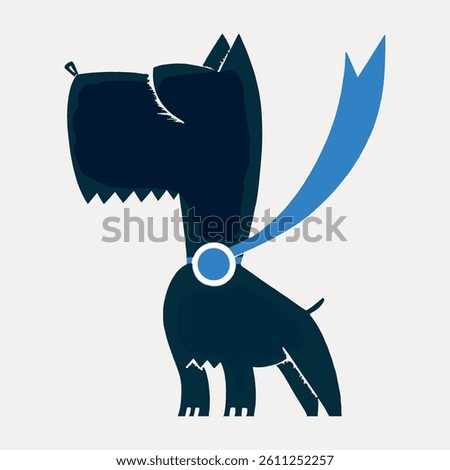 Illustration of a stylized dog with a blue cape. The dog has a geometric design with sharp angles. The blue cape adds a dynamic element to the image. Vintage dog illustration vector.