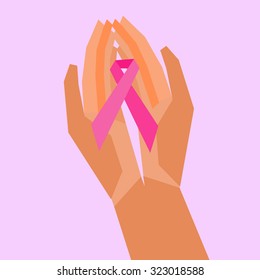 Illustration of a stylized ethnic female hands with brown skin color holding pink ribbon to help promote breast cancer awareness. - Shutterstock ID 323018588