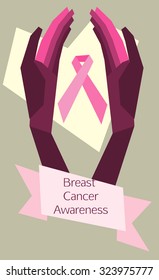 Illustration of a stylized female hands holding pink ribbon to help promote breast cancer awareness.