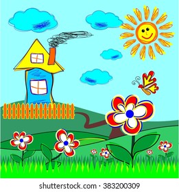 Illustration of a stylized figure of a child. Vector. With a painted house, the fence at the house, grass, flowers, smiling a living sun, sky, clouds, butterfly. Blue background.